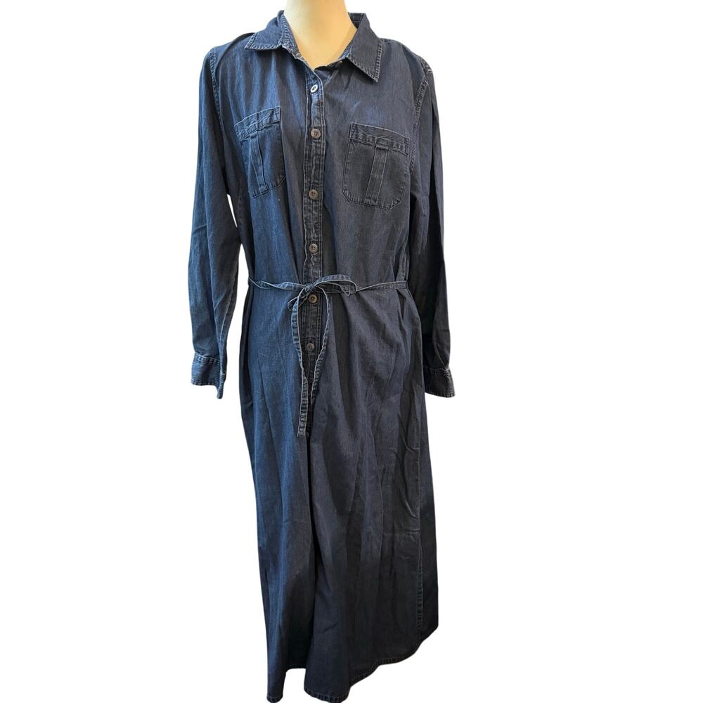 L.L. Bean Vintage Chambray Denim Maxi Belted Shirt Dress, Plus Size 16 Petite